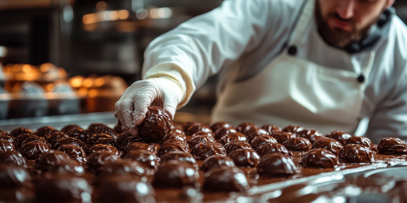 Artisan chocolatier creating handmade chocolate confections in a bustling kitchen